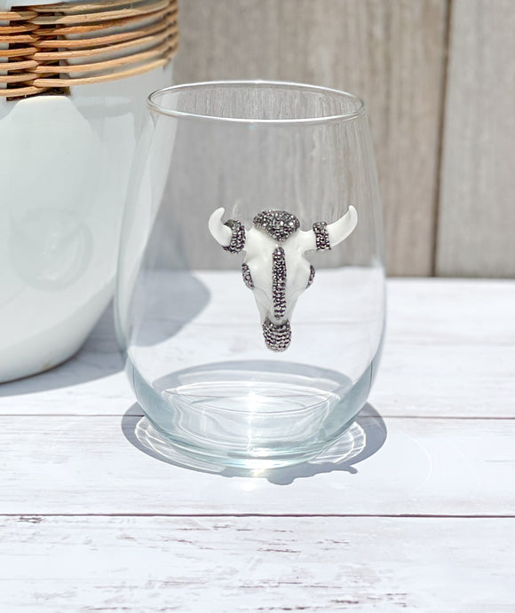 Ivory & Gunmetal Rhinestones Longhorn Skull Stemless Wine Glass