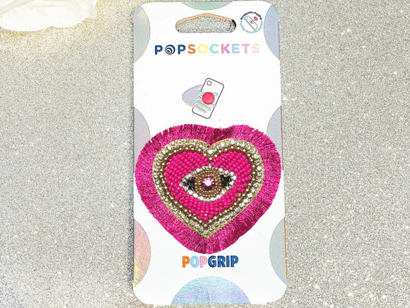 Pink Beaded Rhinestone Heart Evil Eye with Fringe Phone Popsocket