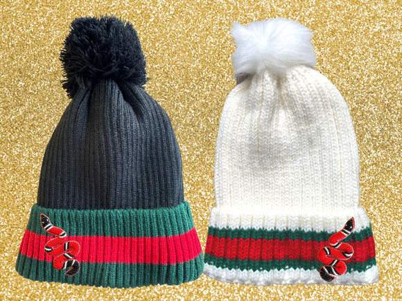Beaded Snake Red and Green Striped Beanie
