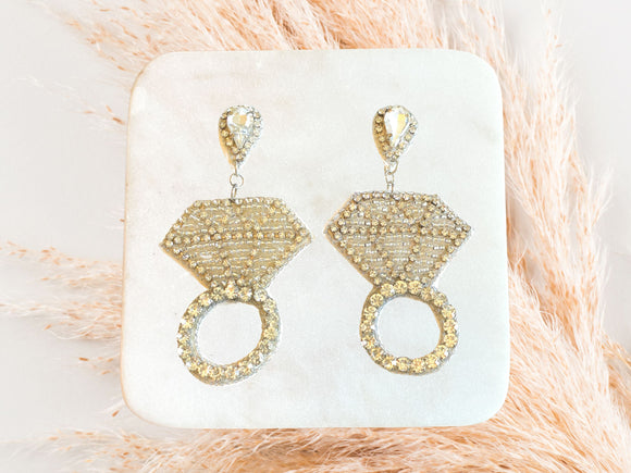 Beaded and Rhinestone Silver Diamond Ring Earrings