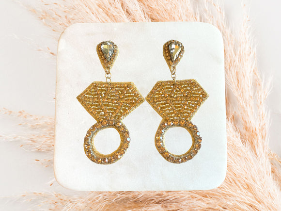 Beaded and Rhinestone Gold Diamond Ring Earrings