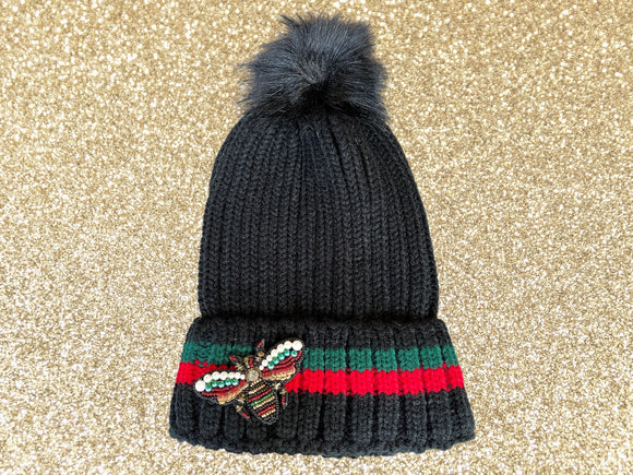 Beaded Bee Red and Green Striped Beanie