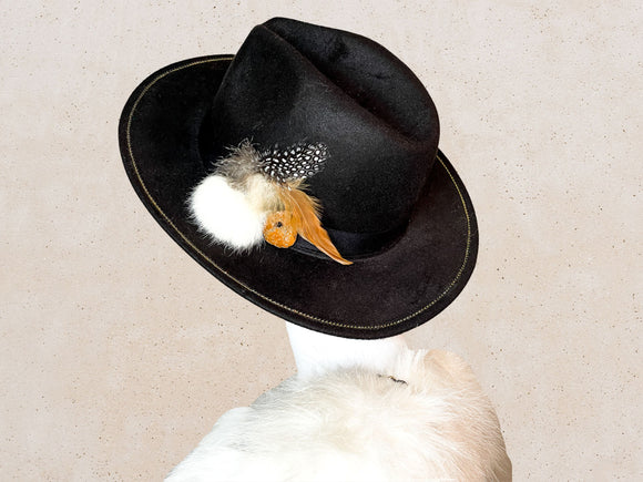 Custom Wide Brim Rabbit Fur, Feathers & Geode Hat