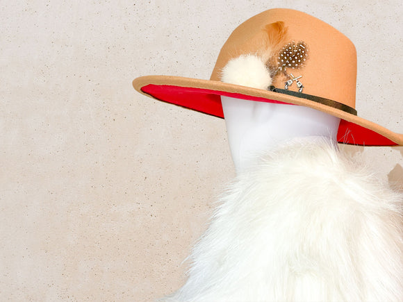 Custom Wide Brim Rabbit Fur, Feathers & Rhinestone Guns Hat