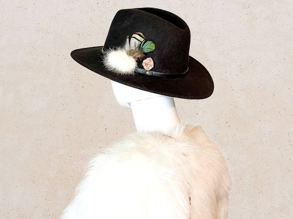 Custom Wide Brim Rabbit Fur, Feathers & Geode Hat