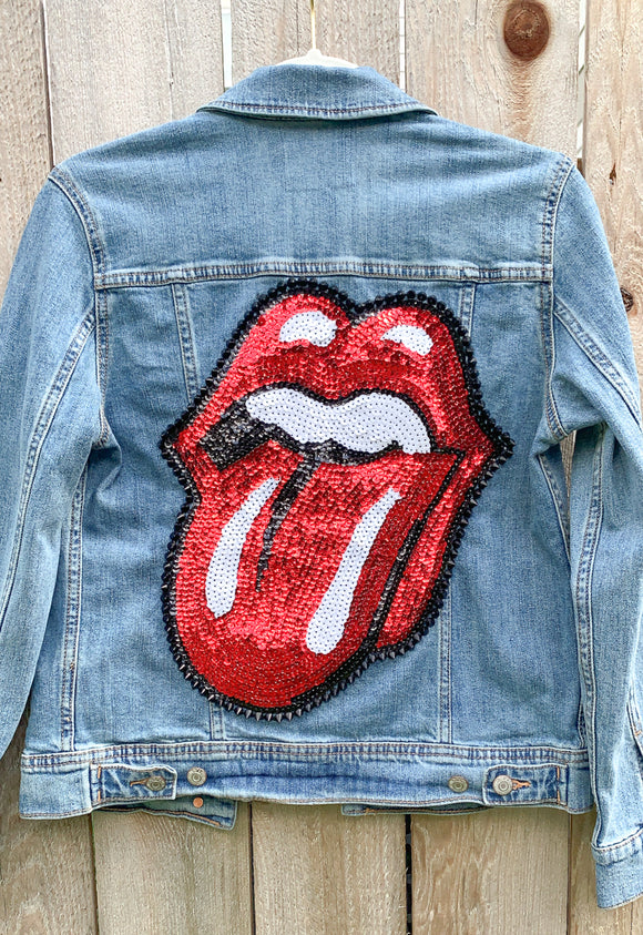 Custom Red Sequin Rock & Roll Stones Tongue Jean Jacket