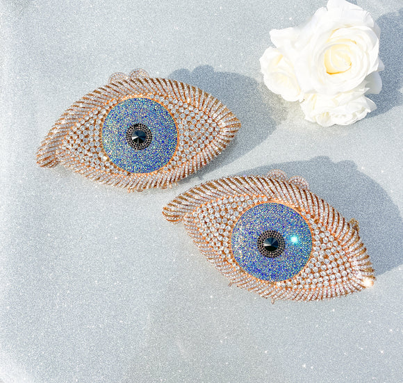 Blue AB Rhinestones and Gold Evil Eye Clutch with Removable Gold Strap