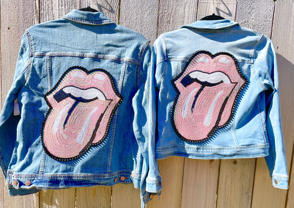 Mom and Mini Iridescent Pink Sequin Rock & Roll Stones Tongue Jean Jacket