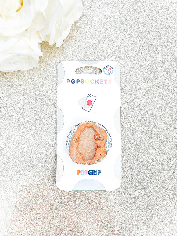 Peach / Pink Druzy Geode Crystal Gold Edged with Rainbow AB Shine Phone Popsocket 10
