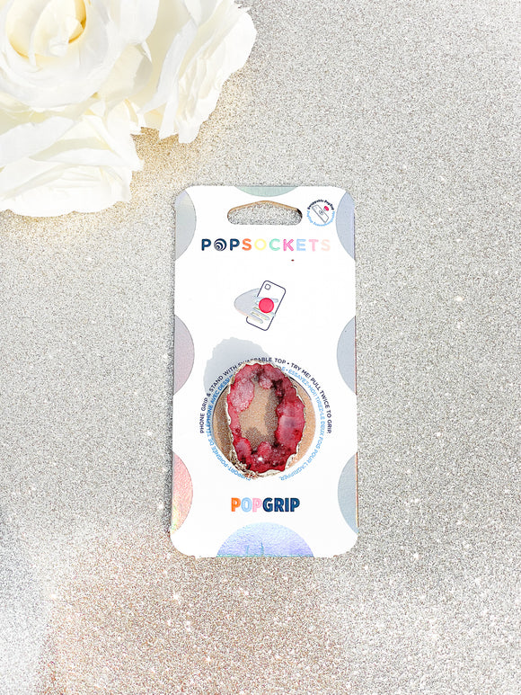 Ruby Red / Pink Druzy Geode Crystal Gold Edged Phone Popsocket 1