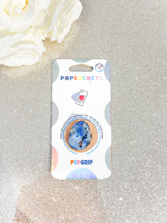 Sapphire Blue Druzy Geode Crystal Gold Edged Phone Popsocket 1
