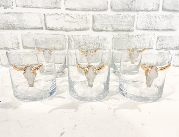 White & Gold Longhorn Skull Whiskey / Old Fashion Glasses