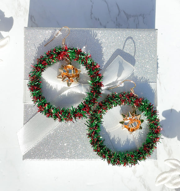 Tinsel Wreath with Gold Bow Christmas Earrings