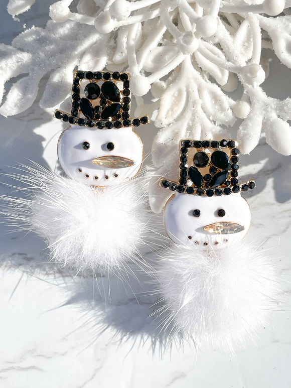 Rhinestone Pom Snowman Christmas Earrings