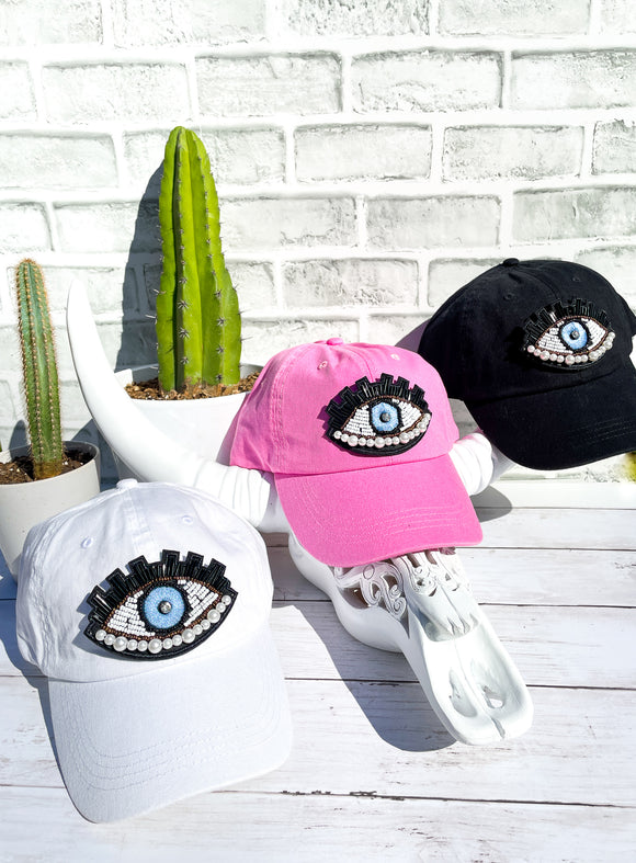 Beaded and Pearls Blue Evil Eye High Ponytail Hat - White, Black or Pink Hats!