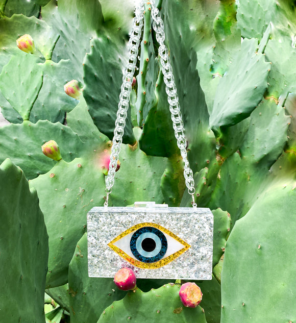 Silver Glitter Evil Eye Clutch with Removable Clear Acrylic Strap