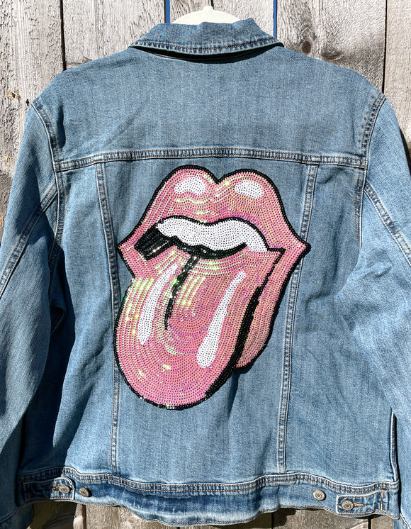 Custom Iridescent Pink Sequin Rock & Roll Stones Tongue Jean Jacket
