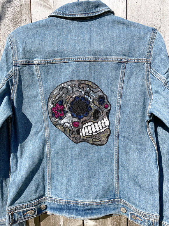 Custom Sequin Skull with Flowers Jean Jacket