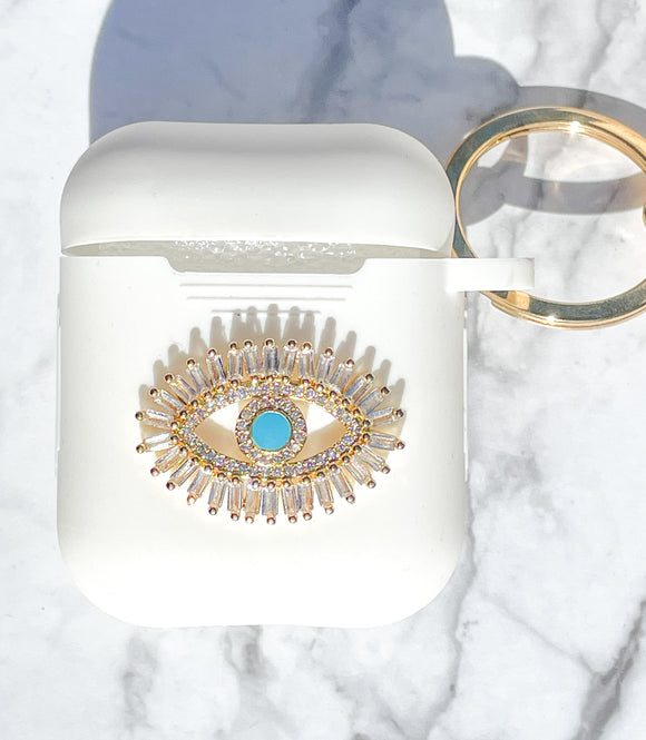 Gold and Rhinestones Turquoise Evil Eye AirPods Case and Face Mask