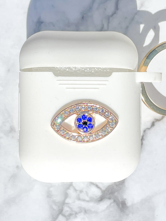 Gold and Rhinestones Blue Evil Eye AirPods Case and Face Mask 2