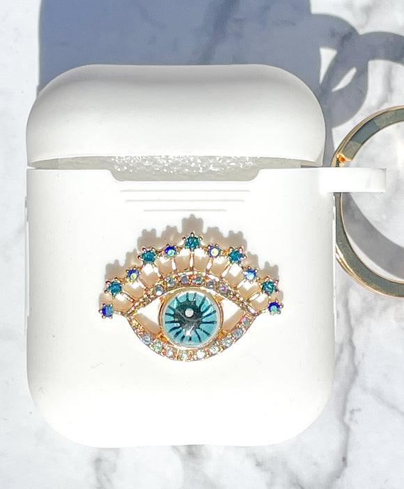 Gold and Turquoise Rhinestones Evil Eye AirPods Case and Face Mask 1