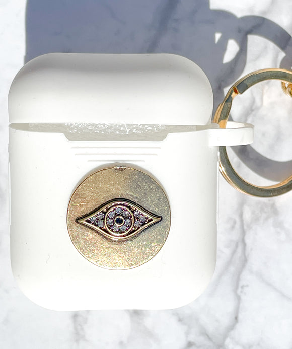 Gold and Rhinestone Evil Eye AirPods Case and Face Mask 1