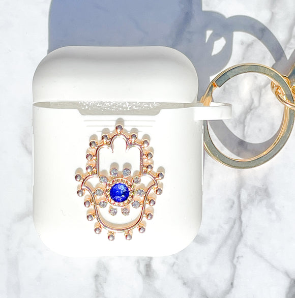 Gold and Rhinestones Blue Hamsa AirPods Case and Face Mask