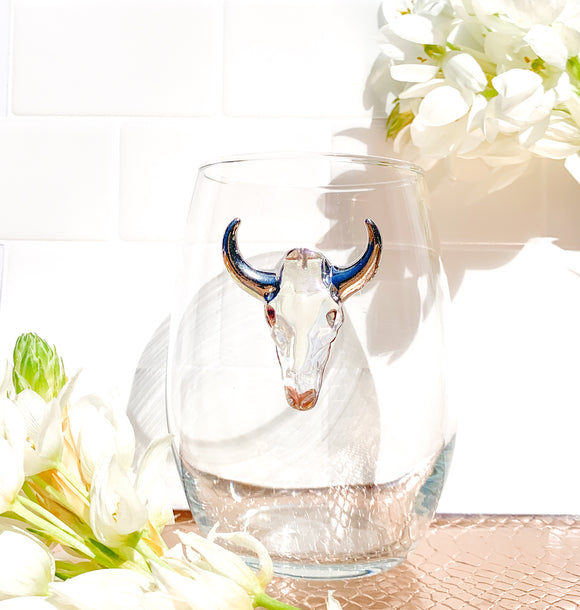 Glass & Silver Longhorn Skull Stemless Wine Glass