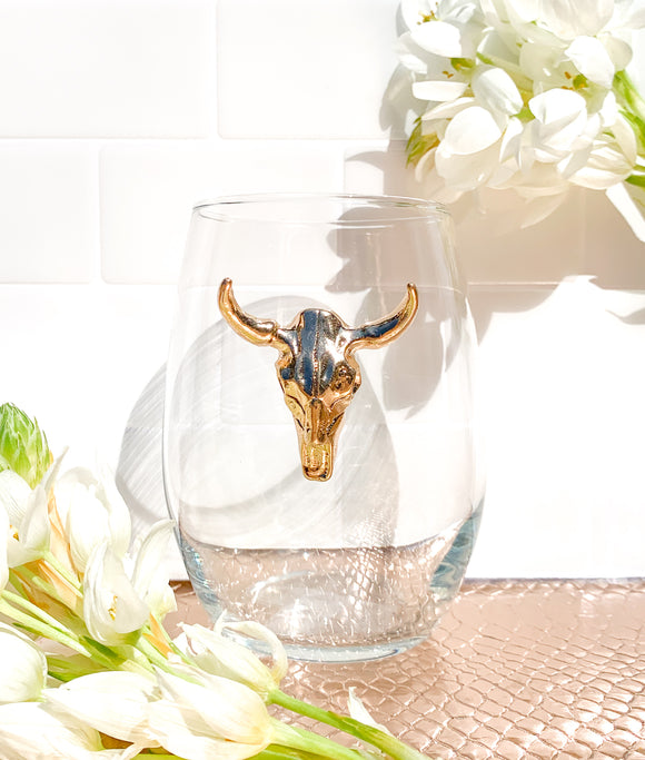 Gold Longhorn Skull Stemless Wine Glass
