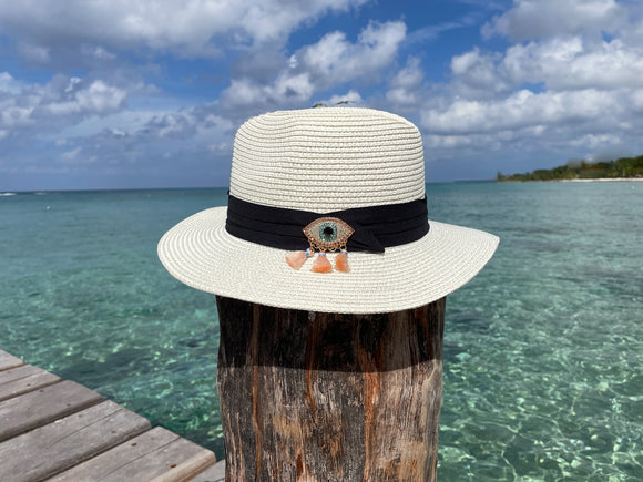 Rose Gold & Turquoise Rhinestone Evil Eye with Peach Fringe Panama Hat