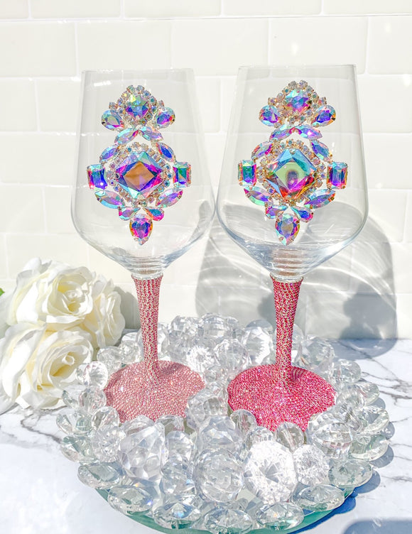 Pink AB Rhinestone Stem Tapered Wine Glasses