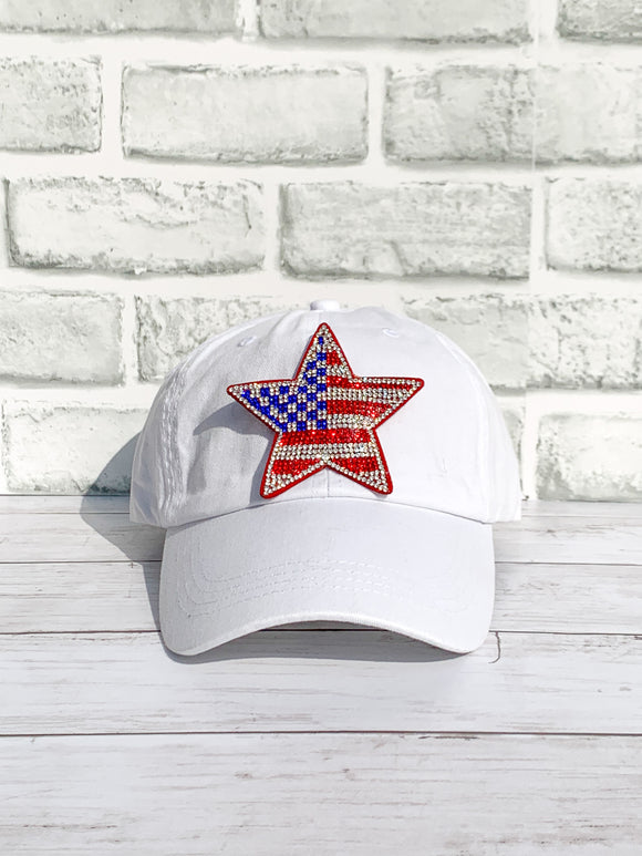Rhinestone American Flag Star High Ponytail Hat - White, Black or Pink Hats!