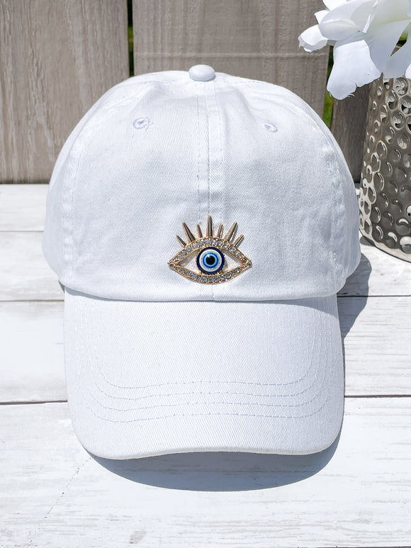 Gold Spiked Blue Evil Eye with Rhinestones High Ponytail Hat - White, Black or Pink Hats!