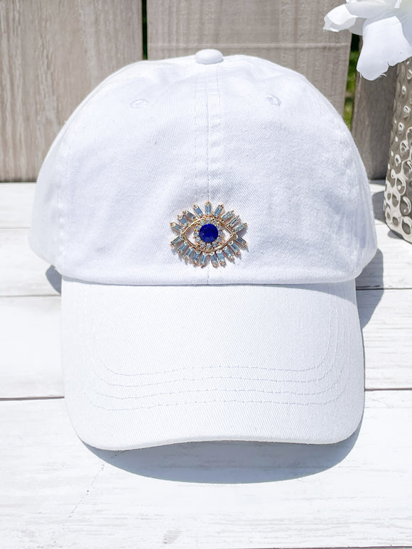 Gold and Rhinestones Blue Evil Eye High Ponytail Hat - White, Black or Pink Hats!