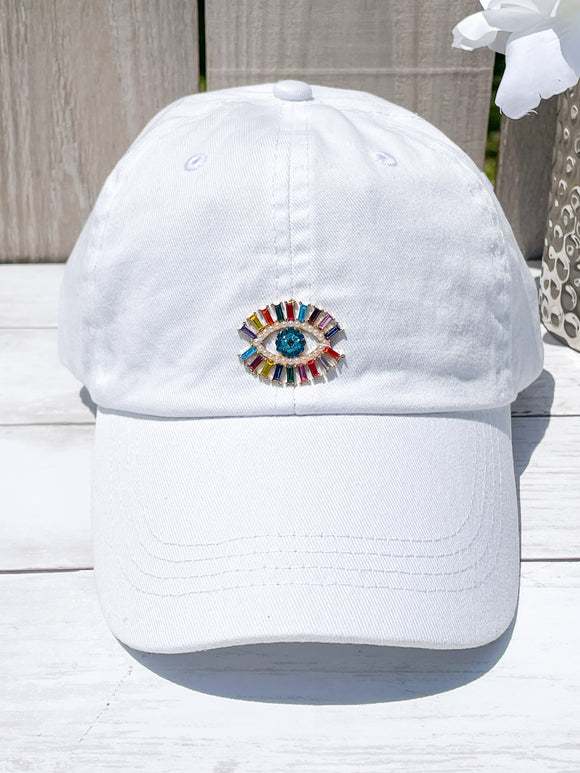 Colorful Rainbow Rhinestones & Pearls Evil Eye High Ponytail Hat - White, Black or Pink Hats!