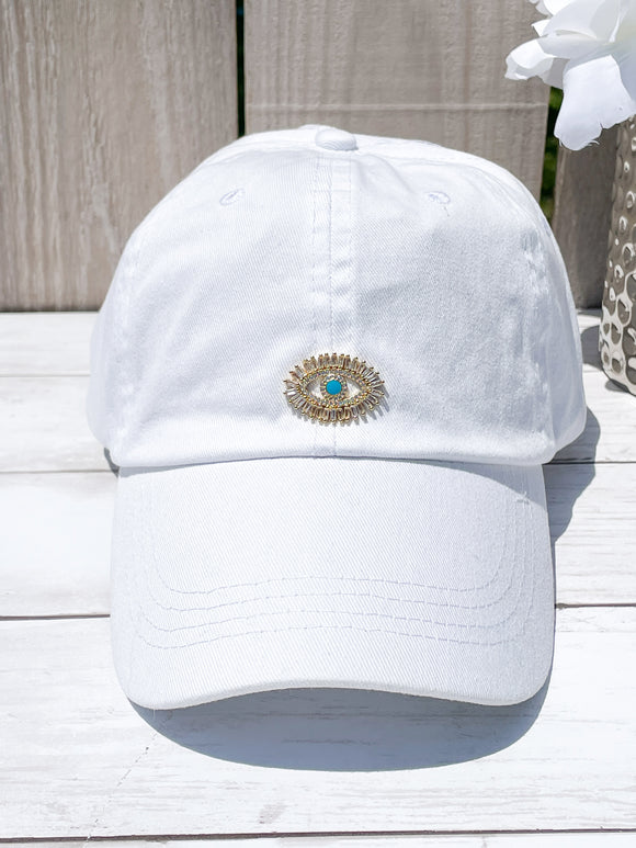 Gold & Rhinestones Turquoise Evil Eye High Ponytail Hat - White, Black or Pink Hats!