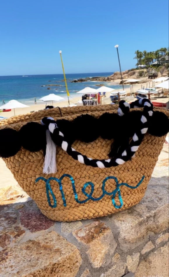 Custom Sequin Beach Bag with Black Pom Poms