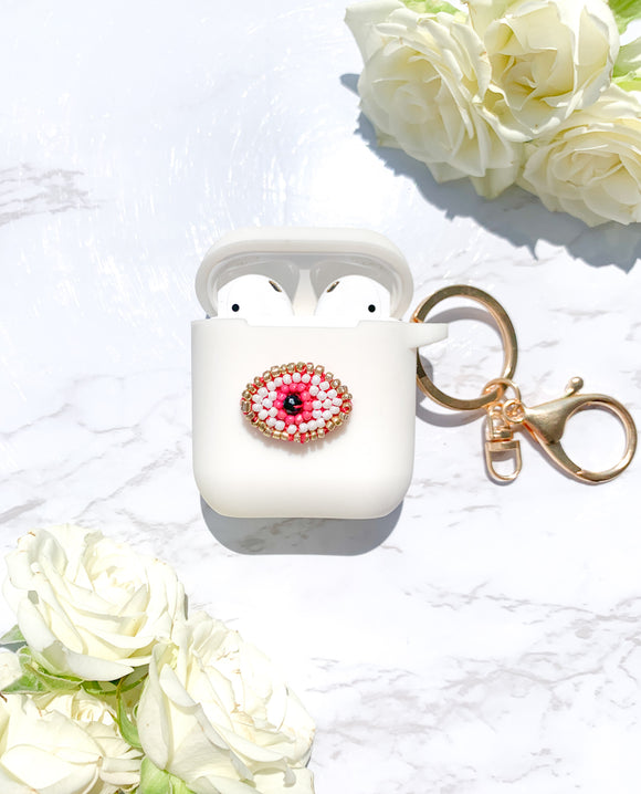 Pink, Gold & White Beaded Evil Eye AirPods Case - Customize Your Case Color!
