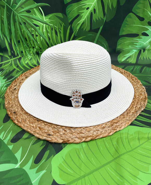 White, Nude & Gold Beaded Hamsa Hand Panama Hat