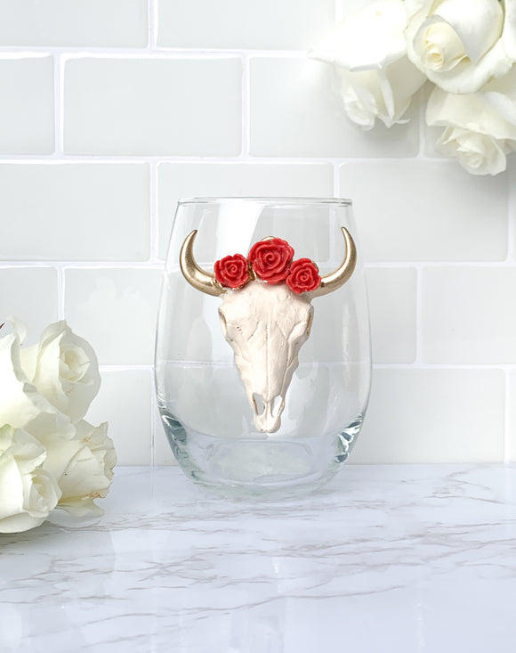 Ivory & Gold Longhorn Skull with Red Roses Crown Stemless Wine Glass