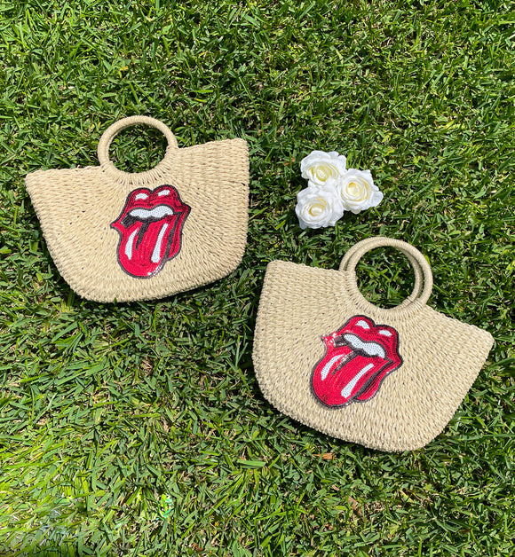 Red Sequin Rolling Stones Tongue Straw Beach Bag