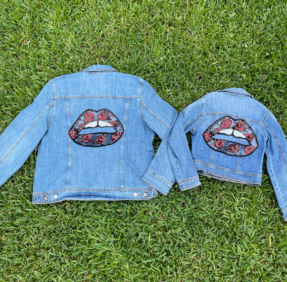 Mom and Mini Midnight Blue Sequin Roses Lips Jean Jacket