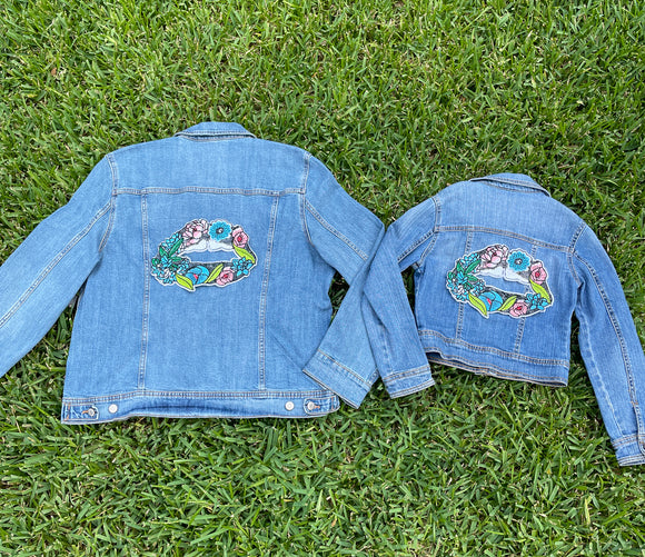 Mom and Mini Embroidered Flower Lips Jean Jacket