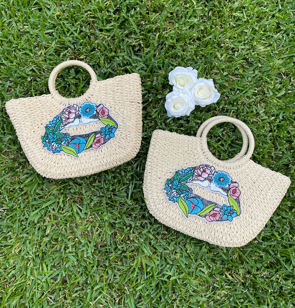 Embroidered Flower Lips Straw Beach Bag