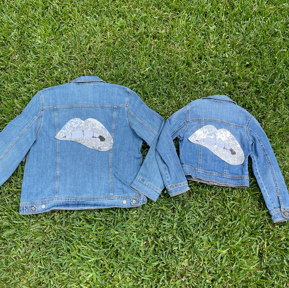Mom and Mini Silver Sequin Lips Jean Jacket