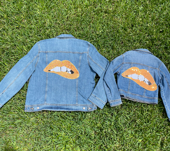 Mom and Mini Gold AB Sequin Lips Jean Jacket