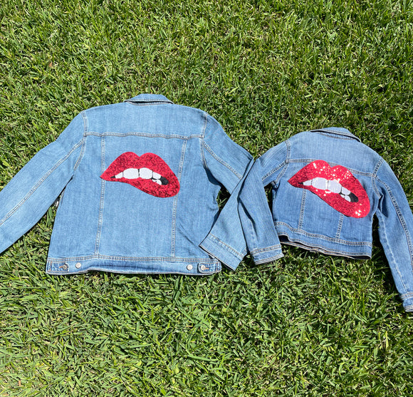 Mom and Mini Red Sequin Lips Jean Jacket