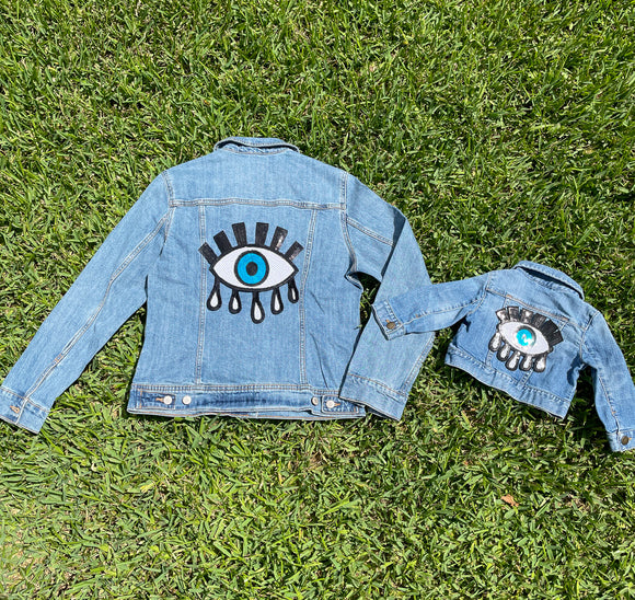Mom and Mini Small Sequin Blue Evil Eye Jean Jacket