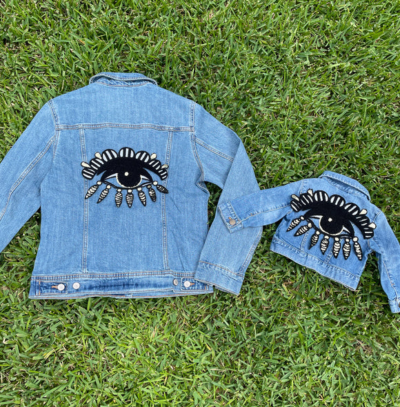 Mom and Mini Black and Gold Sequin Evil Eye Jean Jacket