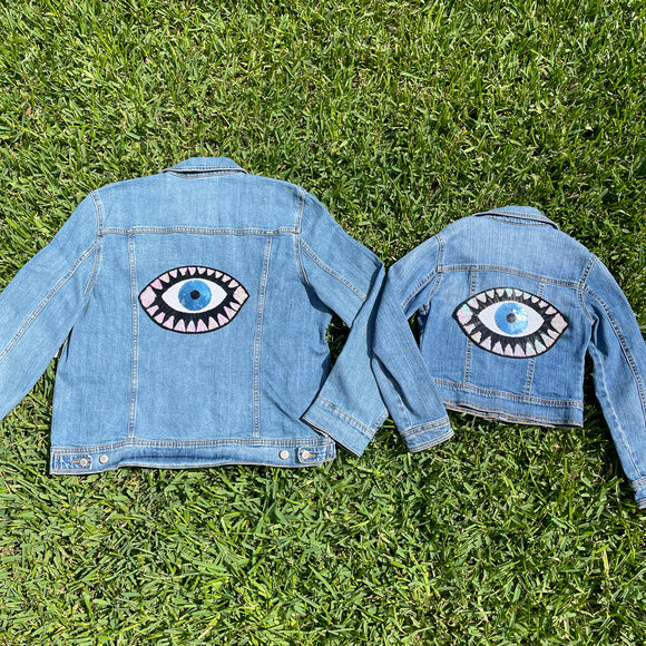 Mom and Mini Iridescent Pink and Blue Sequin Evil Eye Jean Jacket
